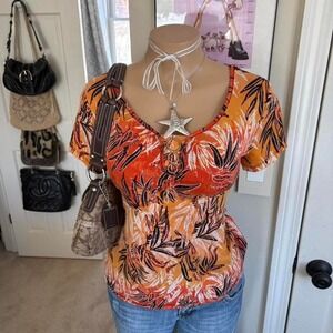 Y2K 2000s avant garde Orange Tropical Print hoop Top